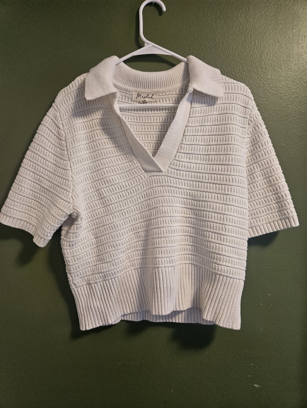 Marled White Textured Knit Polo